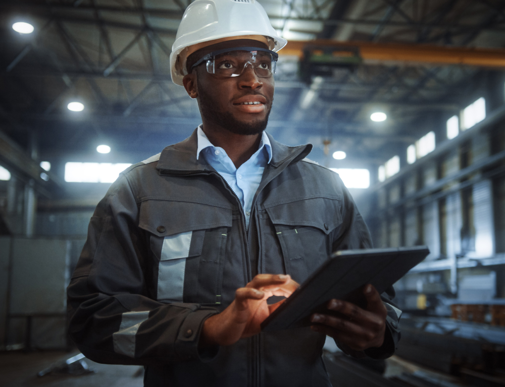 Warehouse worker looking to the side and touching an iPad in their hand.