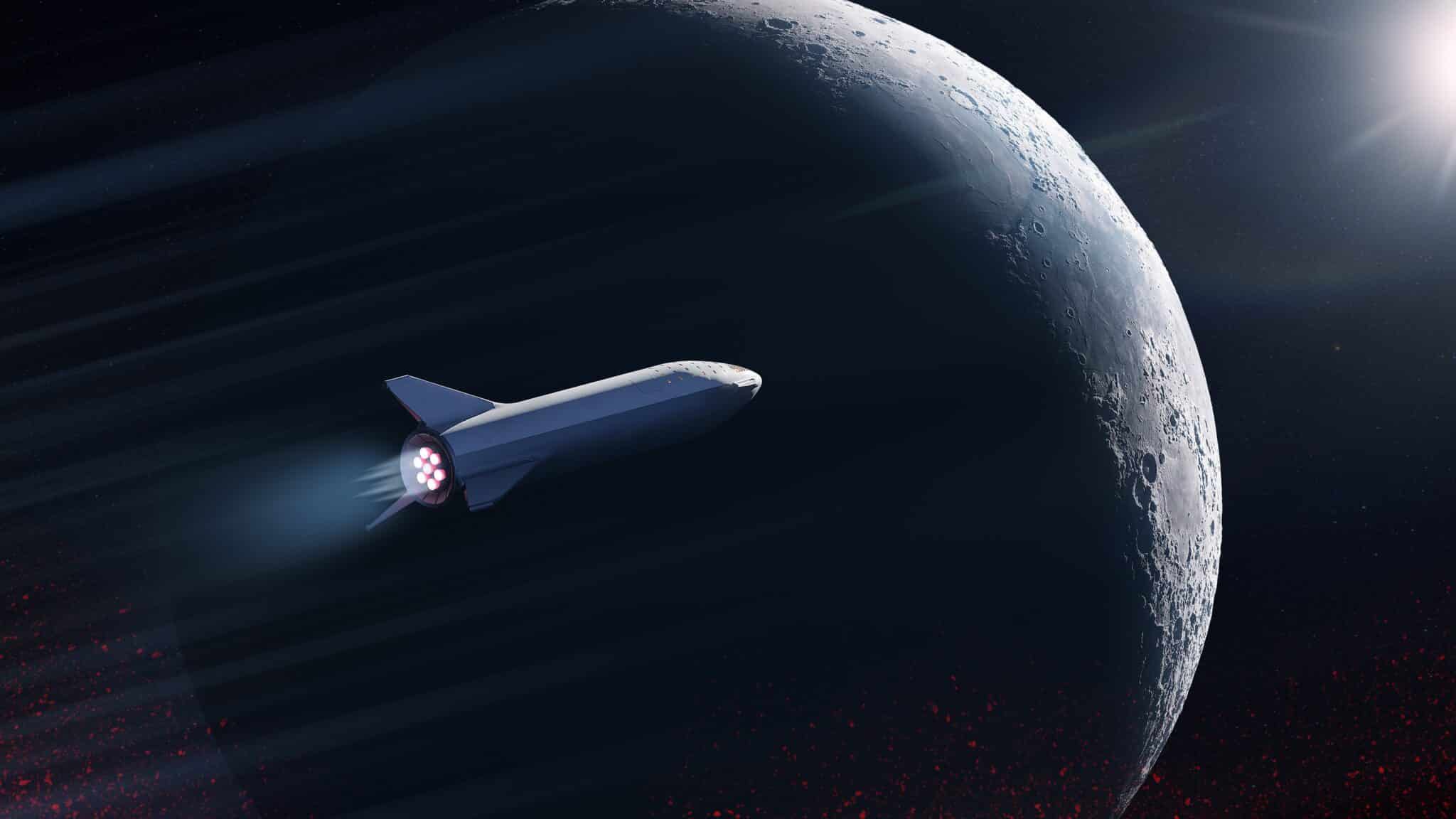 Space shuttle flying by the moon through space