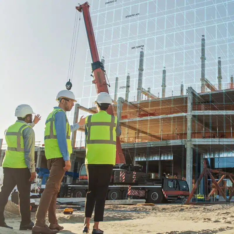 Construction site with workers and crane.