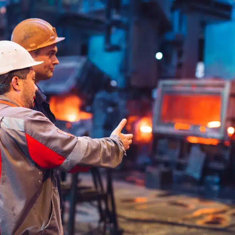 Workers in industrial setting with molten metal